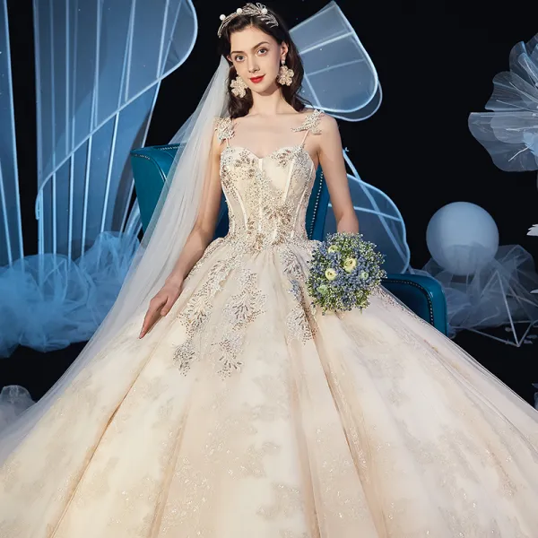 Chic / Beautiful Champagne Wedding Dresses 2019 Ball Gown Spaghetti Straps Sleeveless Backless Glitter Appliques Lace Beading Cathedral Train Ruffle