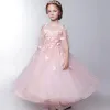 Chic / Beautiful Church Wedding Party Dresses 2017 Flower Girl Dresses Blushing Pink Tea-length Ball Gown 1/2 Sleeves Scoop Neck Backless Flower Butterfly Appliques Beading Pearl