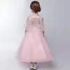 Chic / Beautiful Church Wedding Party Dresses 2017 Flower Girl Dresses Blushing Pink Tea-length Ball Gown 1/2 Sleeves Scoop Neck Backless Flower Butterfly Appliques Beading Pearl