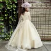 Chic / Beautiful Church Wedding Party Dresses 2017 Flower Girl Dresses Gold A-Line / Princess Detachable Sweep Train V-Neck Sleeveless Sash Sequins Pearl Appliques