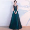 Chic / Beautiful Dark Green Evening Dresses  2017 A-Line / Princess V-Neck Sleeveless Appliques Lace Pearl Bow Sash Floor-Length / Long Ruffle Backless Formal Dresses