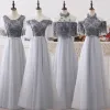 Chic / Beautiful Grey Bridesmaid Dresses 2018 A-Line / Princess Appliques Flower Bow Sash Floor-Length / Long Ruffle Backless Wedding Party Dresses