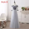 Chic / Beautiful Grey Bridesmaid Dresses 2018 A-Line / Princess Appliques Flower Bow Sash Floor-Length / Long Ruffle Backless Wedding Party Dresses