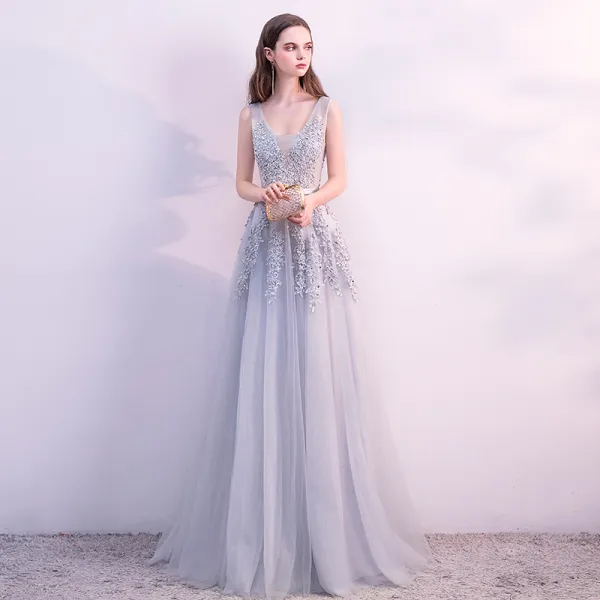 Chic / Beautiful Grey Evening Dresses  2018 A-Line / Princess Lace Flower Pearl Sequins Sash U-Neck Sleeveless Backless Floor-Length / Long Formal Dresses