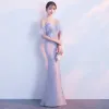 Chic / Beautiful Grey Evening Dresses  2018 Trumpet / Mermaid Feather Scoop Neck Strapless Sleeveless Floor-Length / Long Formal Dresses