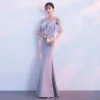 Chic / Beautiful Grey Evening Dresses  2018 Trumpet / Mermaid Feather Scoop Neck Strapless Sleeveless Floor-Length / Long Formal Dresses