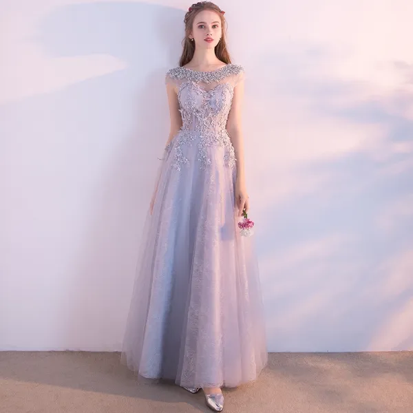Chic / Beautiful Grey Prom Dresses 2017 A-Line / Princess Scoop Neck Short Sleeve Appliques Lace Sequins Beading Floor-Length / Long Ruffle Pierced Backless Formal Dresses