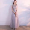 Chic / Beautiful Grey Prom Dresses 2017 A-Line / Princess Scoop Neck Short Sleeve Appliques Lace Sequins Beading Floor-Length / Long Ruffle Pierced Backless Formal Dresses