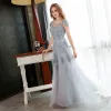Chic / Beautiful Grey Prom Dresses 2018 A-Line / Princess Lace Appliques Sequins Scoop Neck Backless Cap Sleeves Floor-Length / Long Formal Dresses