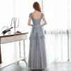 Chic / Beautiful Grey Prom Dresses 2018 A-Line / Princess Lace Appliques Sequins Scoop Neck Backless Cap Sleeves Floor-Length / Long Formal Dresses