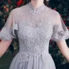 Chic / Beautiful Grey See-through Bridesmaid Dresses 2019 A-Line / Princess Appliques Lace Floor-Length / Long Ruffle Backless Wedding Party Dresses