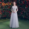 Chic / Beautiful Grey See-through Bridesmaid Dresses 2019 A-Line / Princess Appliques Lace Floor-Length / Long Ruffle Backless Wedding Party Dresses