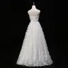 Chic / Beautiful Ivory Evening Dresses  2019 A-Line / Princess Spaghetti Straps Appliques Lace Bow Sleeveless Backless Floor-Length / Long Formal Dresses