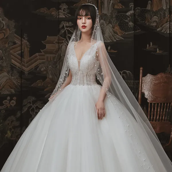 Chic / Beautiful Ivory Outdoor / Garden Wedding Dresses 2020 Ball Gown See-through Deep V-Neck Sleeveless Backless Beading Floor-Length / Long Ruffle