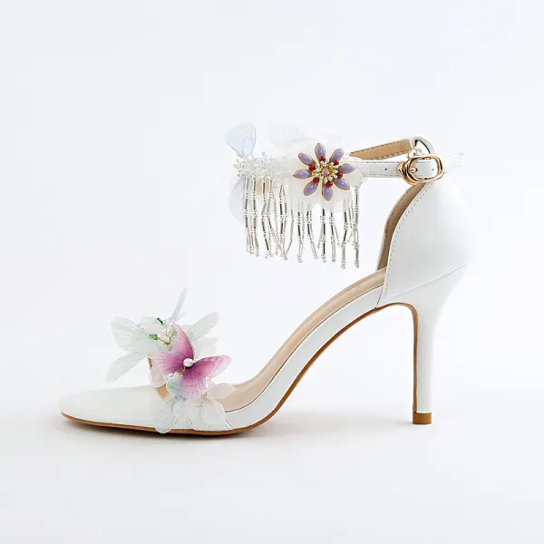 Chic / Beautiful Ivory Summer Wedding Shoes 2018 Butterfly Beading Pearl Tassel 9 cm Stiletto Heels Open / Peep Toe Wedding High Heels