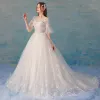 Chic / Beautiful Ivory Wedding Dresses 2018 A-Line / Princess Star Tulle Lace Flower Scoop Neck Backless 1/2 Sleeves Chapel Train Wedding