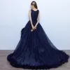 Chic / Beautiful Navy Blue Evening Dresses  2017 Ball Gown Bow Appliques Artificial Flowers Pearl Scoop Neck Sleeveless Asymmetrical Formal Dresses