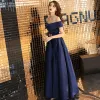 Chic / Beautiful Navy Blue Satin Evening Dresses  2019 A-Line / Princess Off-The-Shoulder Short Sleeve Rhinestone Sash Floor-Length / Long Ruffle Backless Formal Dresses