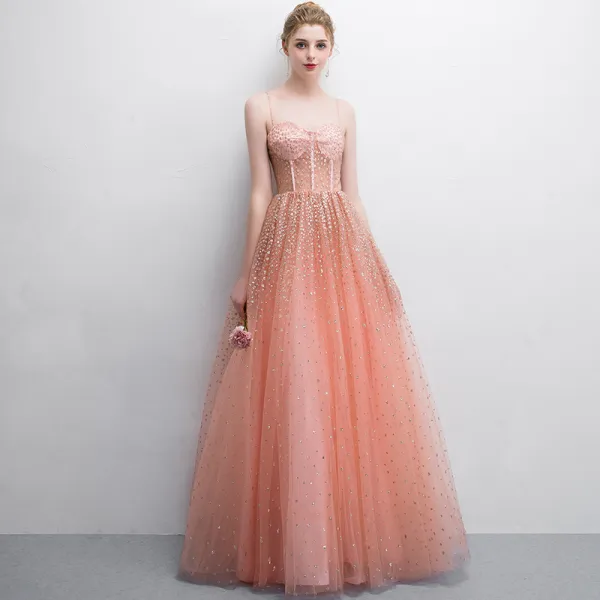 Chic / Beautiful Orange Prom Dresses 2018 A-Line / Princess Sequins Spaghetti Straps Backless Sleeveless Floor-Length / Long Formal Dresses