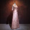 Chic / Beautiful Pearl Pink Evening Dresses  2017 A-Line / Princess Scoop Neck 1/2 Sleeves Sequins Sash Floor-Length / Long Backless Formal Dresses