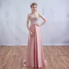 Chic / Beautiful Pearl Pink Evening Dresses  A-Line / Princess Lace Strapless Corset Floor-Length / Long 2017 Appliques Backless Beading Rhinestone Evening Party Formal Dresses