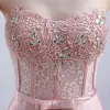 Chic / Beautiful Pearl Pink Evening Dresses  A-Line / Princess Lace Strapless Corset Floor-Length / Long 2017 Appliques Backless Beading Rhinestone Evening Party Formal Dresses