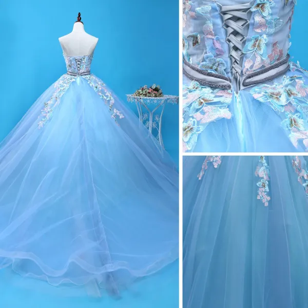 Chic / Beautiful Pool Blue Prom Dresses 2019 Ball Gown Sweetheart Lace ...