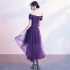 Chic / Beautiful Purple Cocktail Dresses 2017 A-Line / Princess Bow Appliques Crystal Off-The-Shoulder Backless Asymmetrical Formal Dresses
