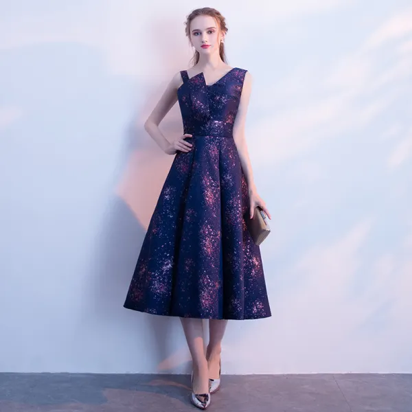 Chic / Beautiful Purple Graduation Dresses 2018 A-Line / Princess V-Neck Backless Starry Sky Printing Homecoming Formal Dresses