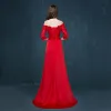 Chic / Beautiful Red Evening Dresses  2017 A-Line / Princess Off-The-Shoulder 3/4 Sleeve Appliques Lace Bow Sash Sweep Train Backless Formal Dresses