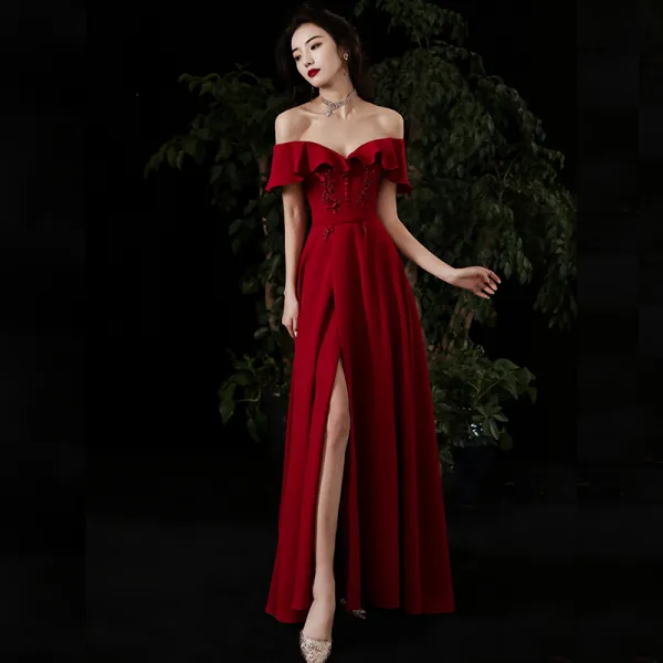 Chic / Beautiful Red Evening Dresses  2020 A-Line / Princess Off-The-Shoulder Short Sleeve Appliques Lace Beading Sash Split Front Floor-Length / Long Ruffle Backless Formal Dresses