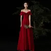 Chic / Beautiful Red Evening Dresses  2020 A-Line / Princess Off-The-Shoulder Short Sleeve Appliques Lace Beading Sash Split Front Floor-Length / Long Ruffle Backless Formal Dresses