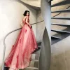 Chic / Beautiful Red Evening Dresses  2020 A-Line / Princess V-Neck Short Sleeve Beading Glitter Tulle Feather Sweep Train Backless Formal Dresses