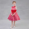 Chic / Beautiful Red Flower Girl Dresses 2018 A-Line / Princess Scoop Neck Sleeveless White Spotted Bow Sash Tea-length Ruffle Backless Wedding Party Dresses