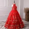 Chic / Beautiful Red Flower Girl Dresses 2019 A-Line / Princess Halter Sleeveless Appliques Flower Pearl Floor-Length / Long Ruffle Backless Wedding Party Dresses