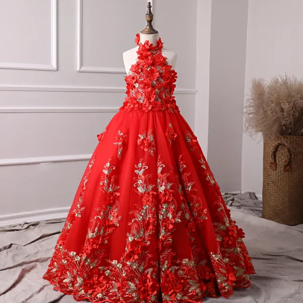 Chic / Beautiful Red Flower Girl Dresses 2019 A-Line / Princess Halter Sleeveless Appliques Flower Pearl Floor-Length / Long Ruffle Backless Wedding Party Dresses