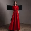 Chic / Beautiful Red Satin Evening Dresses  2020 A-Line / Princess High Neck Short Sleeve Appliques Flower Sash Floor-Length / Long Ruffle Formal Dresses