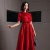 Chic / Beautiful Red Satin Evening Dresses  2020 A-Line / Princess High Neck Short Sleeve Appliques Flower Sash Floor-Length / Long Ruffle Formal Dresses
