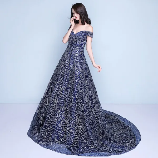 Chic / Beautiful Royal Blue Evening Dresses  2017 A-Line / Princess Off-The-Shoulder Short Sleeve Glitter Tulle Sash Chapel Train Backless Formal Dresses