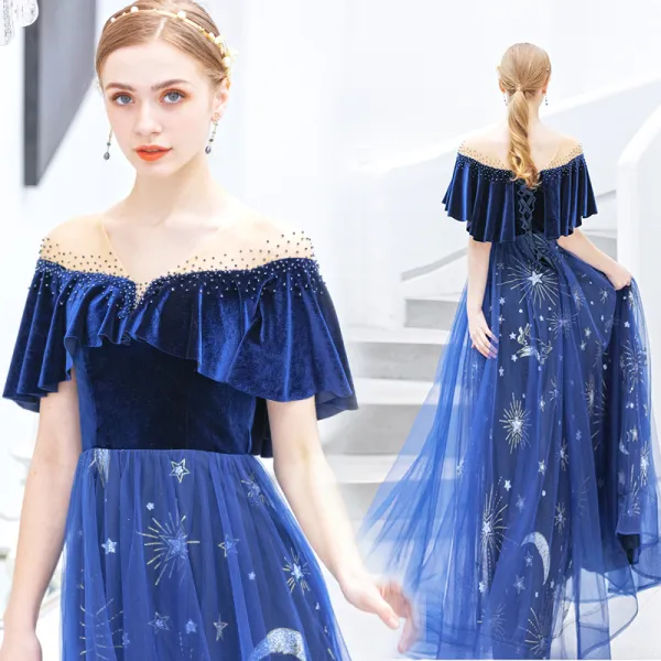 Chic / Beautiful Royal Blue Evening Dresses  2019 A-Line / Princess Suede V-Neck Star Sequins Rhinestone Short Sleeve Backless Ankle Length Formal Dresses