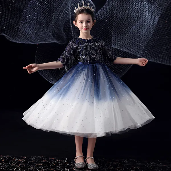 Chic / Beautiful Royal Blue Gradient-Color White Birthday Flower Girl Dresses 2020 Ball Gown Scoop Neck 1/2 Sleeves Bow Sash Sequins Tassel Tea-length Ruffle