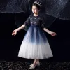 Chic / Beautiful Royal Blue Gradient-Color White Birthday Flower Girl Dresses 2020 Ball Gown Scoop Neck 1/2 Sleeves Bow Sash Sequins Tassel Tea-length Ruffle