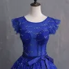 Chic / Beautiful Royal Blue Prom Dresses 2019 A-Line / Princess Scoop Neck Bow Pearl Sequins Sleeveless Backless Floor-Length / Long Formal Dresses