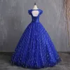 Chic / Beautiful Royal Blue Prom Dresses 2019 A-Line / Princess Scoop Neck Bow Pearl Sequins Sleeveless Backless Floor-Length / Long Formal Dresses