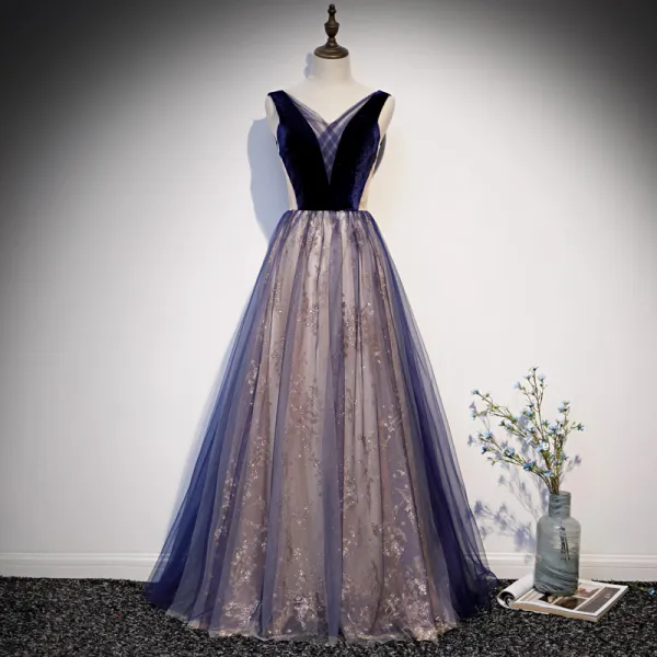 Chic / Beautiful Royal Blue See-through Prom Dresses 2020 A-Line / Princess V-Neck Sleeveless Glitter Tulle Floor-Length / Long Ruffle Backless Formal Dresses