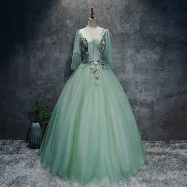Chic / Beautiful Sage Green Prom Dresses 2017 Ball Gown V-Neck 3/4 Sleeve Appliques Flower Beading Sequins Sash Floor-Length / Long Pleated Backless Formal Dresses