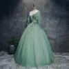 Chic / Beautiful Sage Green Prom Dresses 2017 Ball Gown V-Neck 3/4 Sleeve Appliques Flower Beading Sequins Sash Floor-Length / Long Pleated Backless Formal Dresses