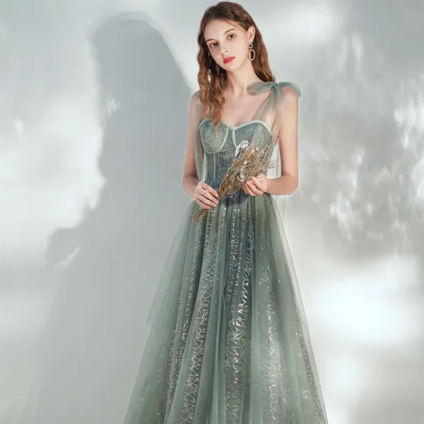 Chic / Beautiful Sage Green Prom Dresses 2020 A-Line / Princess Shoulders Sleeveless Sequins Ankle Length Ruffle Backless Formal Dresses