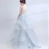 Chic / Beautiful Silver Evening Dresses  2017 Ball Gown U-Neck Lace Backless Beading Handmade  Evening Party Prom Dresses
