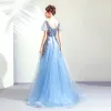 Chic / Beautiful Sky Blue Evening Dresses  2019 A-Line / Princess V-Neck Short Sleeve Appliques Lace Beading Sweep Train Ruffle Backless Formal Dresses